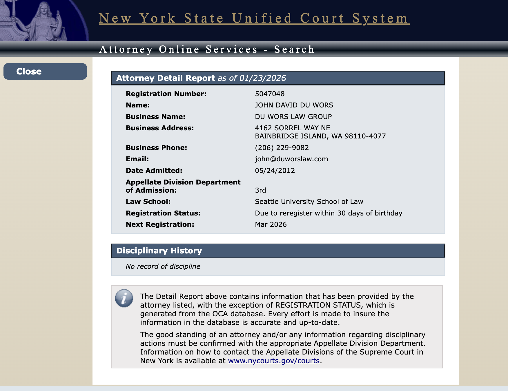 New York Bar Verification for John David Du Wors